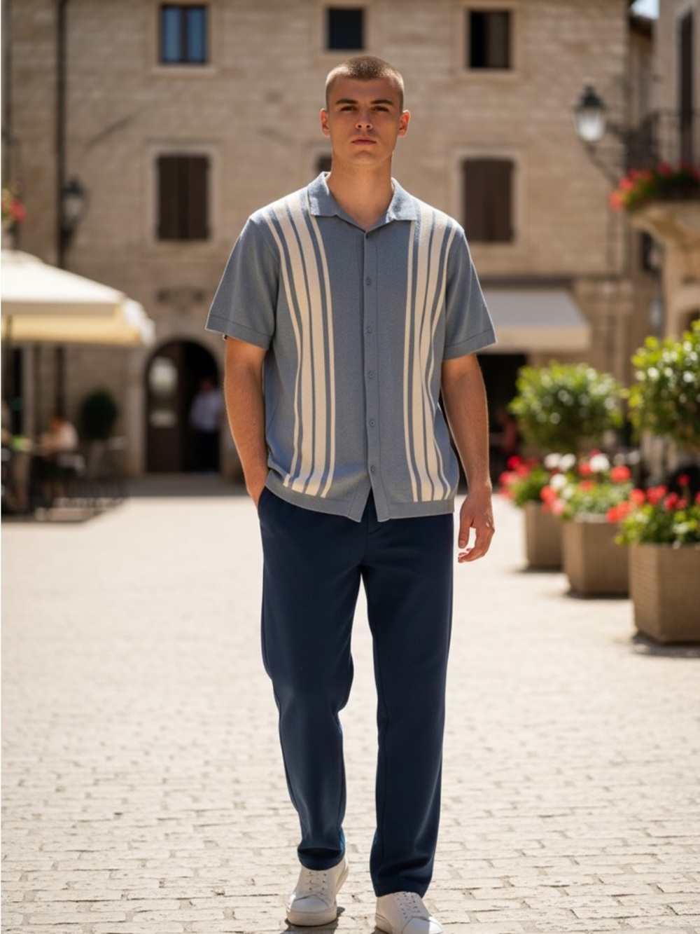 Men's Blue Short-Sleeve Knit Button-Down Shirt with Cream Stripes